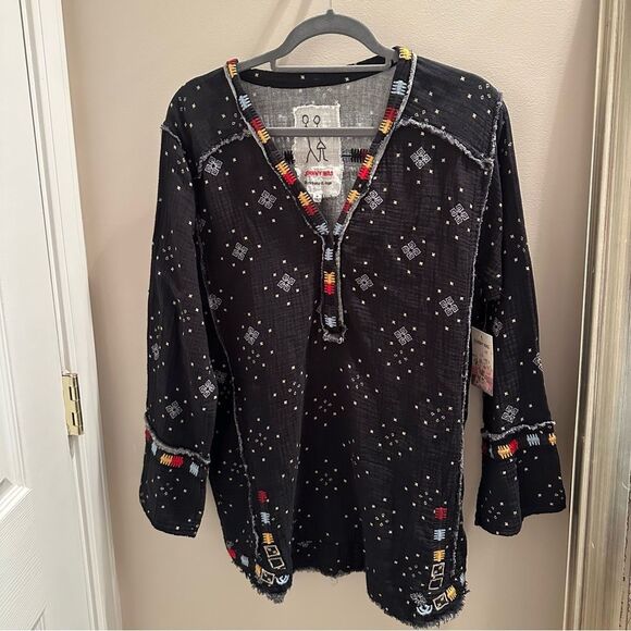 Johnny Was Nazareth Black Gauze Tunic Top with Colorful Accents. - Picture 3 of 9